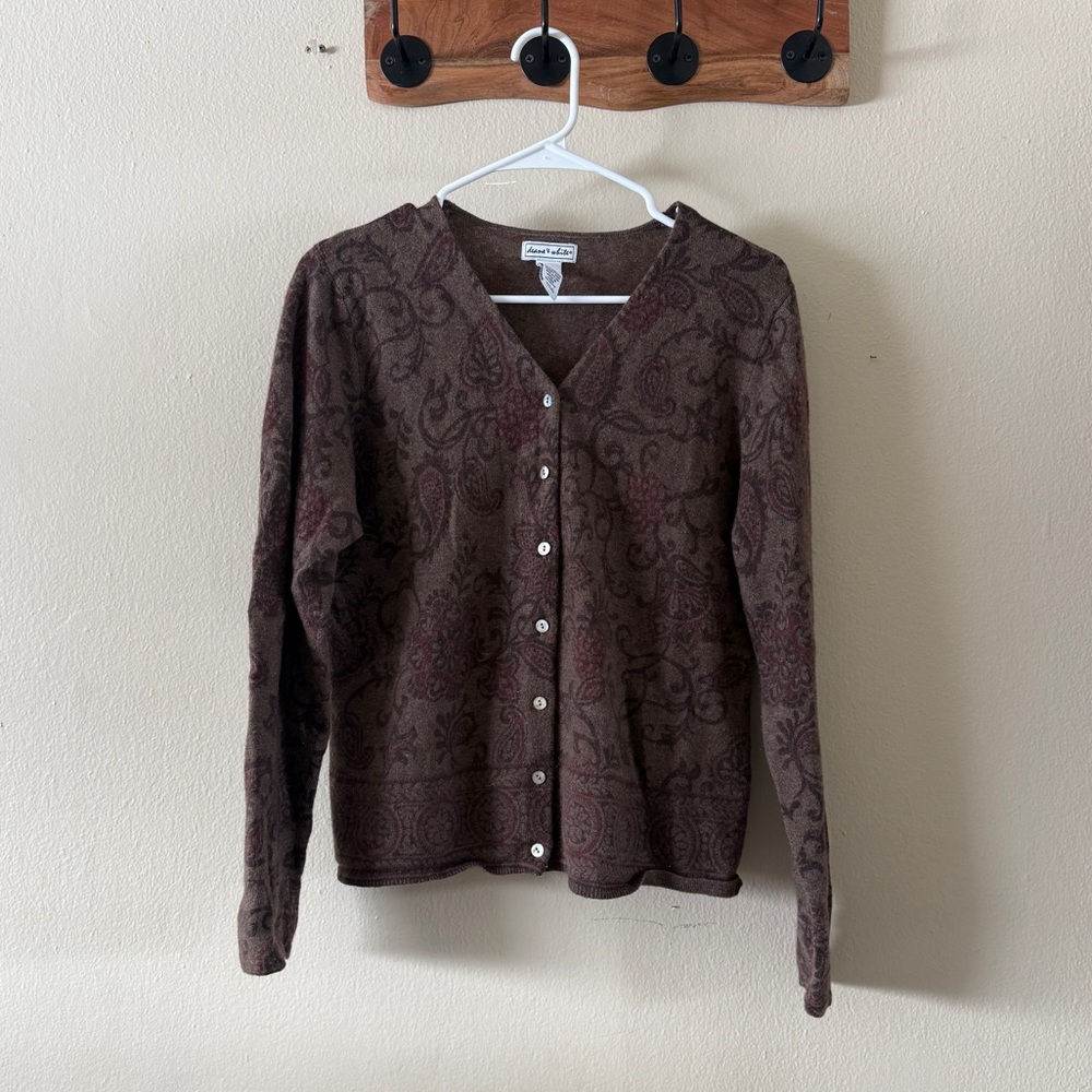 Deane & White Vintage Y2K Brown Paisley Cardigan Wool Angora Sweater Size XL